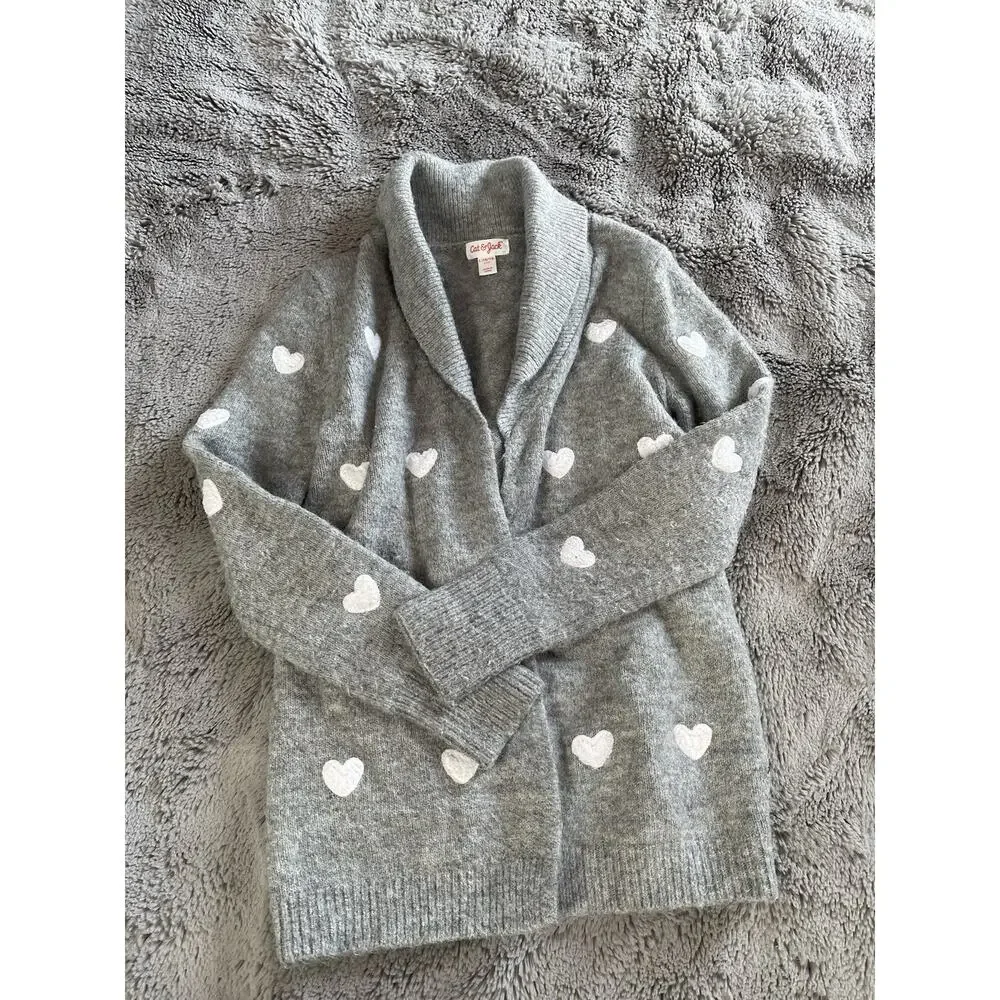 Cat & Jack Cardigan Sweater Girls Size Large 10-12 Open Gray Fleece Heart Dots